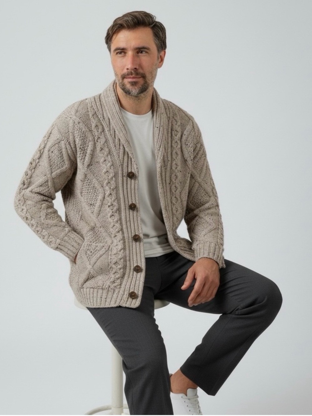 Aran Crafts Men's Merino Wool Shawl Neck Diamond Cardigan Oatmeal Size: Large